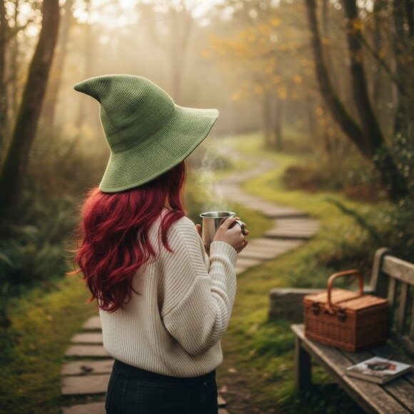 Green Woven Wool Blend Witch Hat - Adult Ritual & Everyday Wear - New - Picture 2 of 8